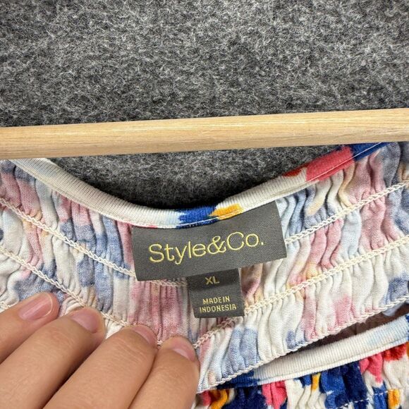 Style & Co. Blouse Women XL White Colorblock Short Sleeve Round Neck Rayon - Picture 3 of 7